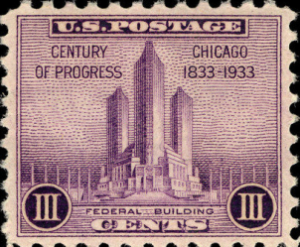  Up 3-cent Federal Building stamp commemorating Chicago's Century of Progress International Exposition, 1933 (Smithsonian National Postal Museum Collection 
